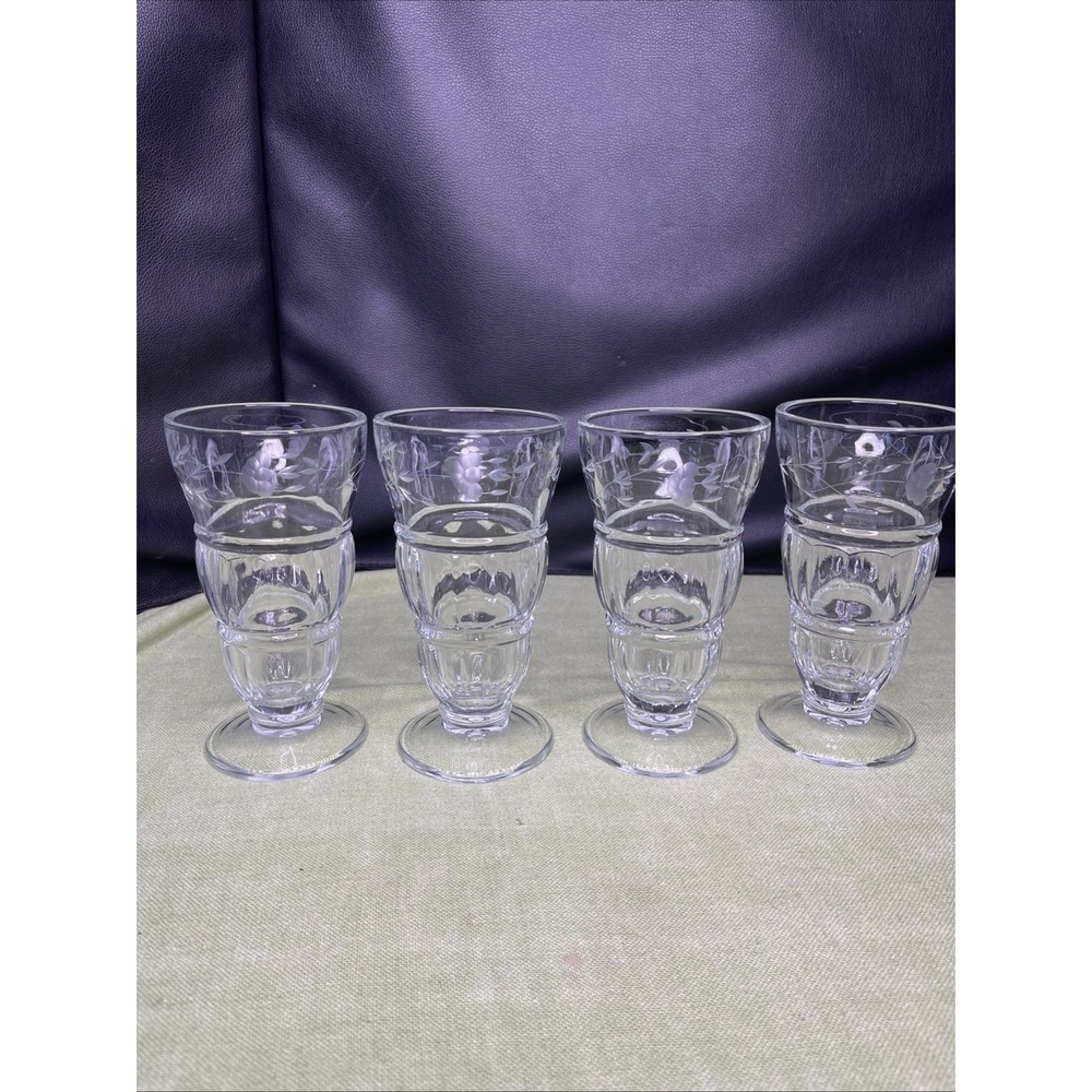 Set of 4 Etched Glass Soda Fountain Milkshake Dessert Glasses Clear Vintage
